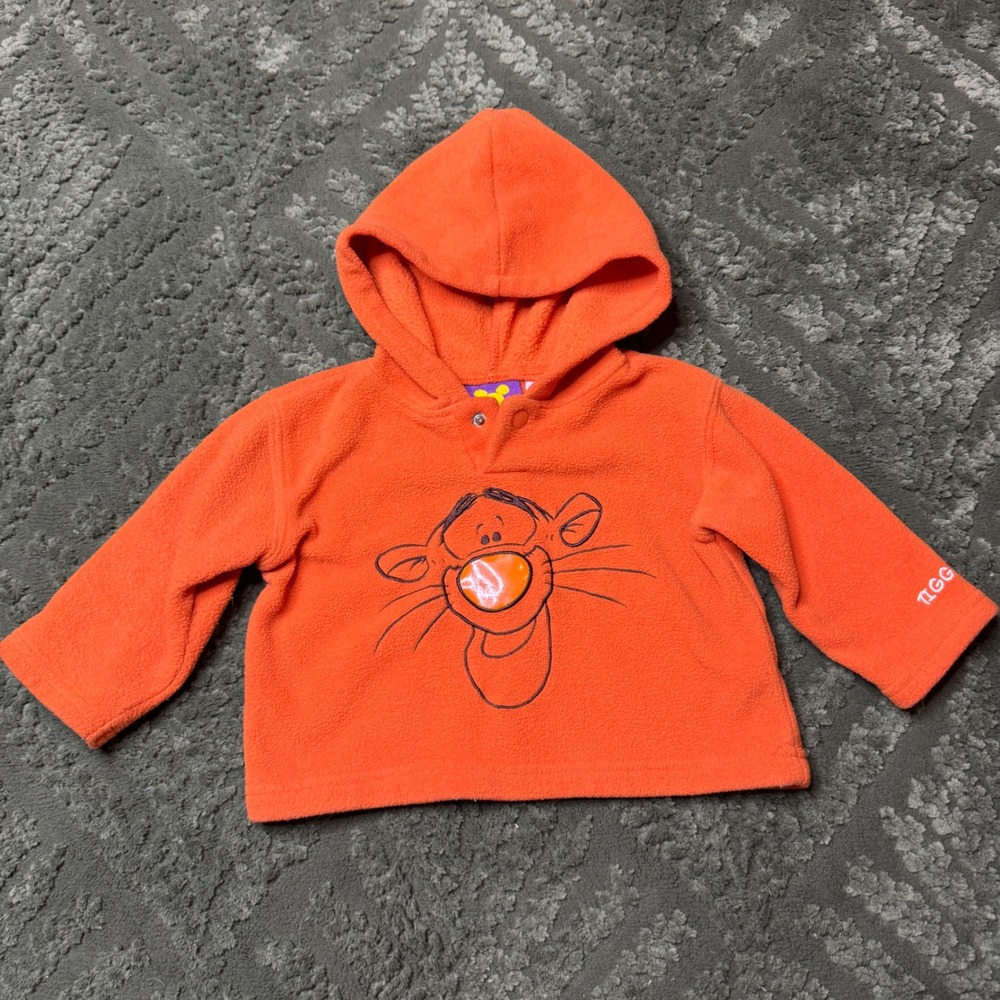 Vintage Y2K Disney Tigger Orange Fleece Hoodie Baby 12M Winnie the Pooh Pullover